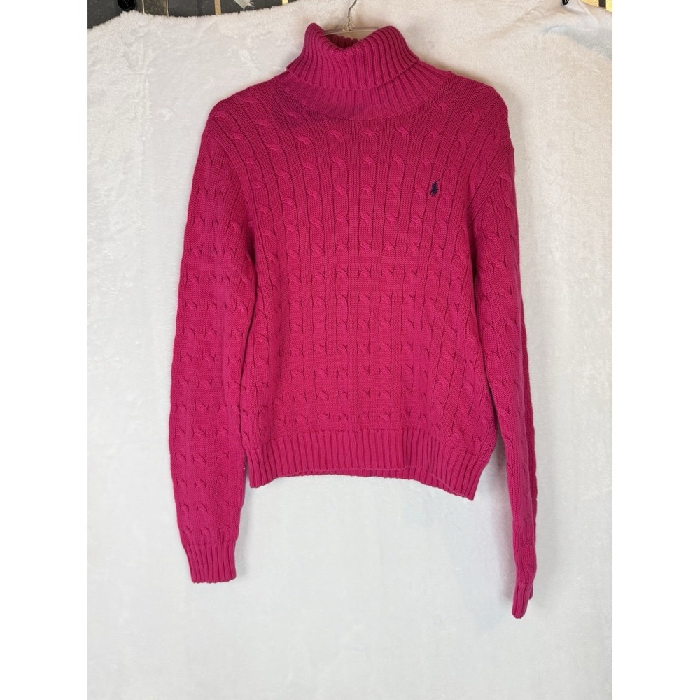 Ralph Lauren Sport Pink Cable Knit Turtleneck Sweater L Cotton Preppy Classic - Picture 1 of 9